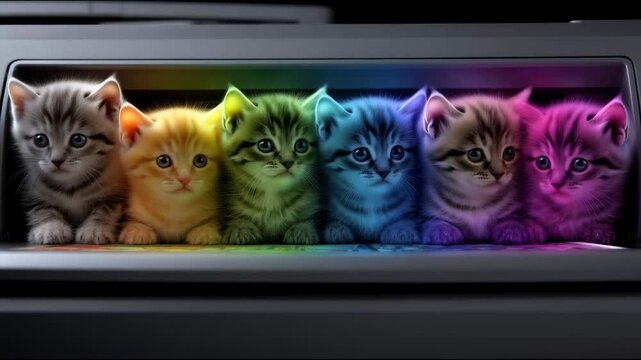 Six kittens illuminated in different colors sit in a row inside a printer, as if they have just been "printed"