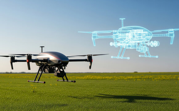 Real Drone Flying Over A Field Compared To Its Digital 3d Schematic Model