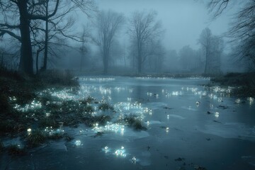 Frozen, glowing lights on a misty winter lake in a forest