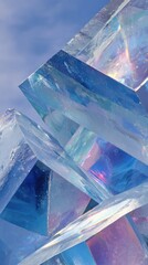 Close-up of transparent ice crystals with reflections and refractions. The scene captures the intricate details and textures of the ice.