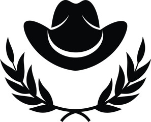 Black silhouette of a cowboy hat with laurel wreath isolated on white background
