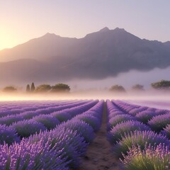 Naklejka premium Lavender Field at Sunrise with Mountains in the Background