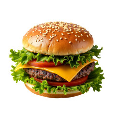 Delicious and appetizing burger with sesame seed bun cheese lettuce tomato and beef patty