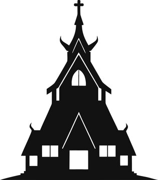 Black silhouette of a traditional wooden church isolated on white background