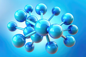 3D render of blue molecular structure floating on soft blue gradient background