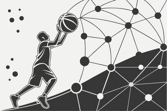 A stylized image of a basketball player reaching for a ball, overlaid with an abstract network of circles and lines - Powered by Adobe