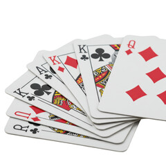 Fanning out playing cards showing aces kings and queens on a black background for gaming or casino promotion