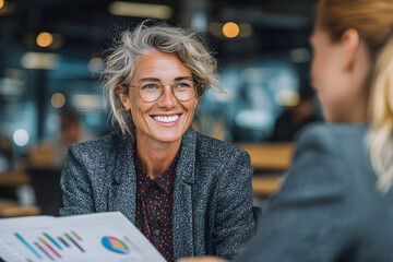 Successful female accountant discussing financial reports with businesswoman in corporate workplace