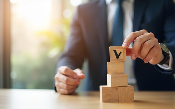 Building corporate governance structure. Businessman stacking wooden blocks. Check mark icon and lens flare light. High quality