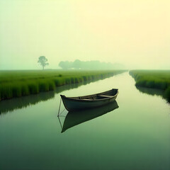 Obraz premium Serene wooden boat floats on calm waterway amidst misty green landscape