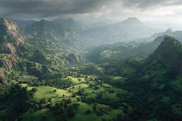 Fototapeta premium Lush valley between dramatic mountains