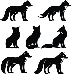 Collection of Black Silhouette Fox Illustrations Various Poses Standing Sitting Looking Left and Right Cute Simple Animal Art