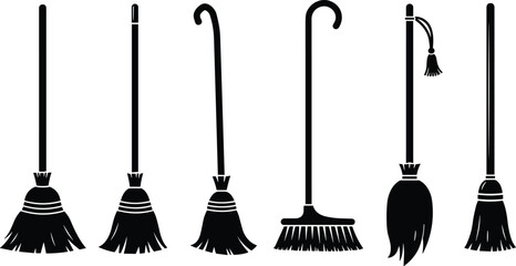 Naklejka premium Broom collection illustration, cleaning tools, household equipment, sweeping accessories, traditional broom designs, vector set, sanitation items, domestic chores, tidy home