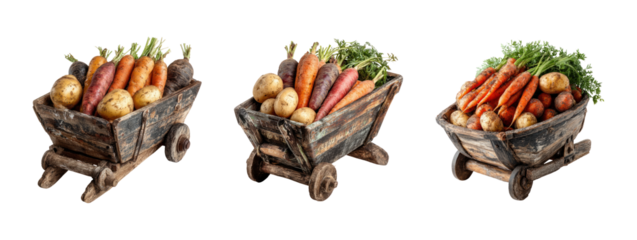 Fresh Vegetables in Rustic Wooden Cart on Transparent Background