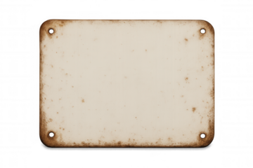 Blank rusty metal sign with rivets isolated on transparent background, showing age and wear, perfect for adding custom text or graphics