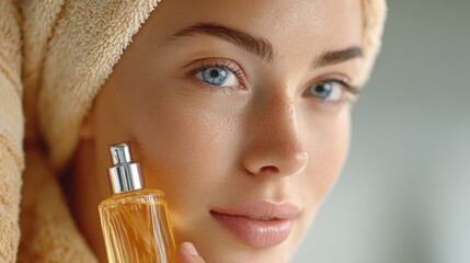 Fototapeta premium close up of a beautiful young woman wrapped in towel applying cosmetic oil from a bottle on her face no logos no brands ar 169