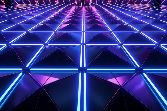 Abstract Futuristic Neon Geometric Background:  Vibrant Blue and Purple Triangular Pattern with Glowing Lines.