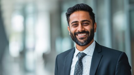 happy smiling bearded indian business man small business owner company leader or sales manager male hispanic ceo executive successful lawyer looking at camera standing in office headshot portrait no 
