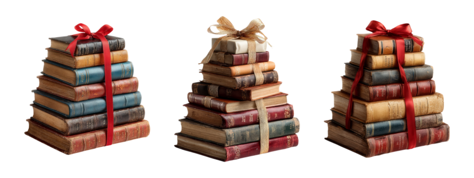 Stacked Books with Ribbons Isolated on Transparent Background