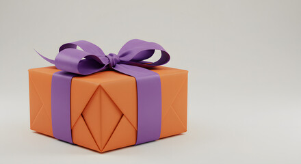 Obraz premium Delicate presentation of an orange gift wrapped with a soft purple ribbon and meticulously folded paper edges, creating an aesthetic ideal for holidays or personal celebrations