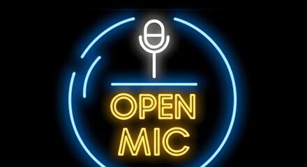 Neon sign with microphone and text OPEN MIC on dark background
