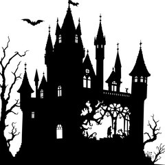 Obraz premium spooky halloween castle silhouette with bats and a mysterious figure