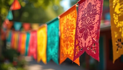 Colorful festive celebration with Latin American flags and intricate decorations strung together. Bright, vibrant, vivid colors in background suggest cultural traditions, diversity, and community joy.