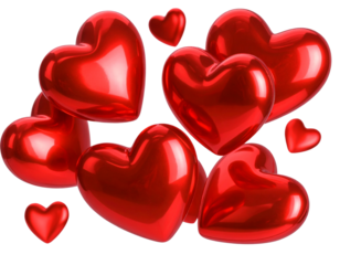 Cluster of Glossy Red Hearts Floating, isolated on transparent background PNG.