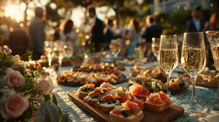 Elegant buffet table with gourmet appetizers and wine glasses at a sunset outdoor event. People socializing at a formal gathering