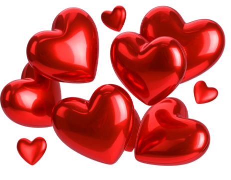 Cluster of Glossy Red Hearts Floating, isolated on transparent background PNG.