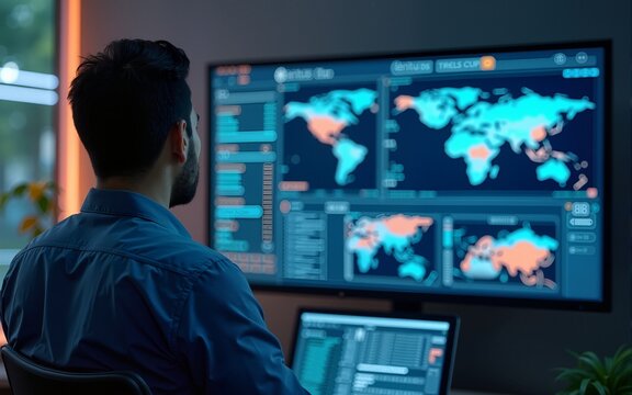 AI security cameras and surveillance systems. Artificial intelligence driven real time analytics and detection. Engineer developing automated monitoring system with machine learning. High quality