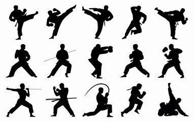 Dynamic karate poses collection featuring martial arts movements and combat techniques in a silhouette style