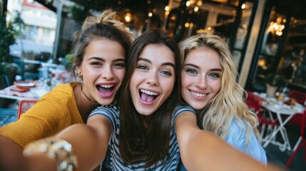 image of excited happy pretty girls friends sitting in cafe take a selfie by camera no logos no brands ar 169