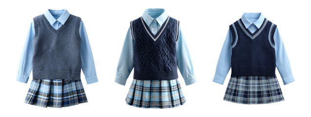 Set of Three Isolated School Uniforms on Transparent Background