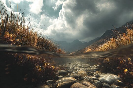 Mountain stream split-level view, sunlight through clouds