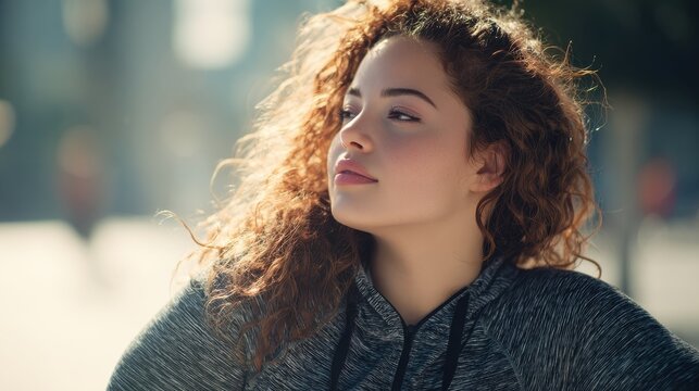 curvy woman doing sport workout routine outdoor in city park  focus on face no logos no brands ar 169 - Powered by Adobe