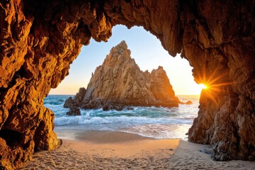 Golden sunset through a rocky cave opening onto a beach