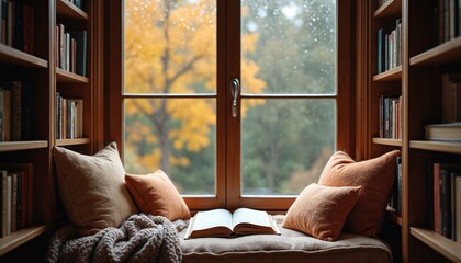 Cosy reading nook with plush pillows and open book by a rainy window. Warm autumn colors outside, wood bookshelves filled with literature create a peaceful, relaxing indoor atmosphere.