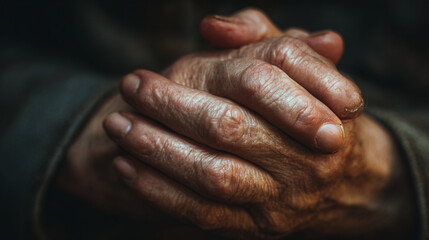 Fototapeta premium Close up of wrinkled and weathered hands clasped together in a dark setting