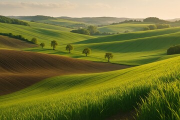 Rolling green agricultural fields with scattered trees creating waves across peaceful countryside landscape