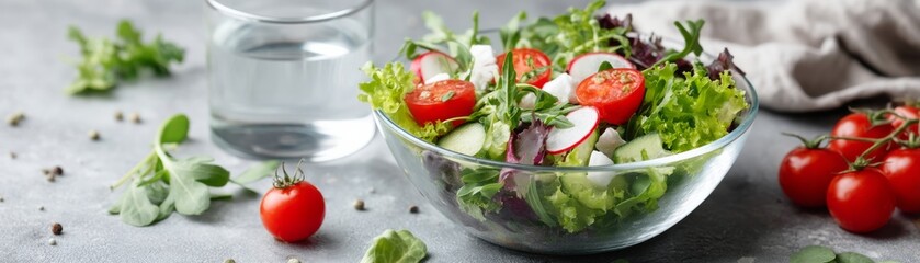 Fresh salad bowl with cherry tomatoes and greens modern kitchen food photography bright environment close-up healthy eating