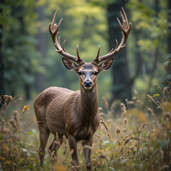 A majestic wild deer gracefully roams through a lush forest, embodying the untamed beauty.