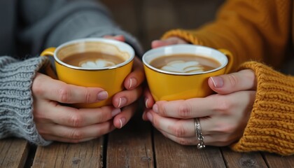 Diverse hands cradle warm yellow coffee cups on rustic wood table, sharing cozy morning moment. People enjoy hot beverages, fostering connection and relaxation in cafe setting. Casual lifestyle scene.