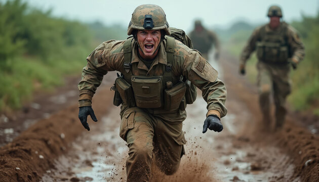 Soldier runs intensely through muddy obstacle course. Determined military man trains for combat with focus, grit. Active duty personnel overcomes challenges in rough terrain. Teamwork, resilience in