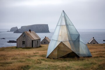 Modern pyramid structure amidst weathered coastal houses