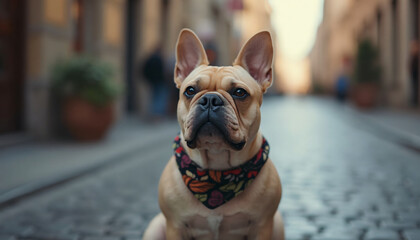 Fawn French Bulldog Wearing Bandana on Cobblestone Street