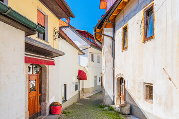 Empty picturesque medieval narrow street in the historical center of Skofja Loka, Slovenia
