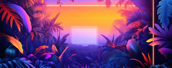 Colorful neon lit jungle plants frame a bright rectangular opening