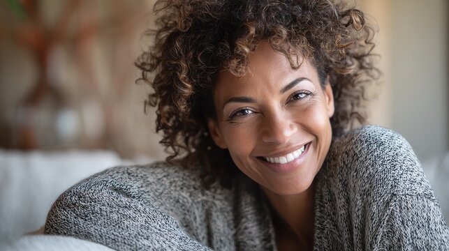 portrait of a beautiful mid adult woman smiling at home middle aged african woman in casual looking at camera with copy space cheerful mixed race girl relaxing at home with big laugh no logos no bran - Powered by Adobe
