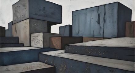 Abstract cityscape composed of geometric shapes.